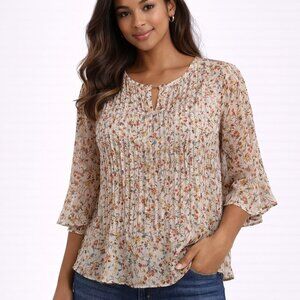 Sundance Pintuck Blouse Floral Sheer Ruffle Top Boho XS